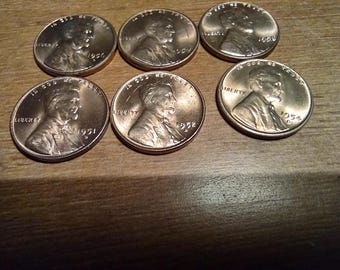 SIX Uncirculated WHEAT Cents. 1951-D, 1953, 1954-S 1956-D, 1957 Plain and 1958-Plain. Beautiful Penny Lot.
