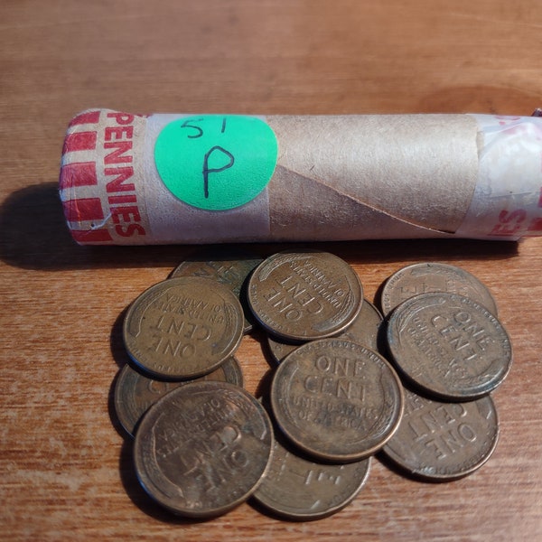 1951 Plain WHEAT cent roll. Nice 50 count circulated penny lot.