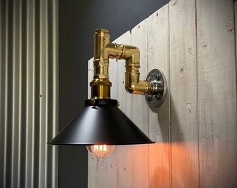 Solid Brass, Farmhouse-Industrial Wall Light.  Steampunk Style Sconce with Metal Shade.