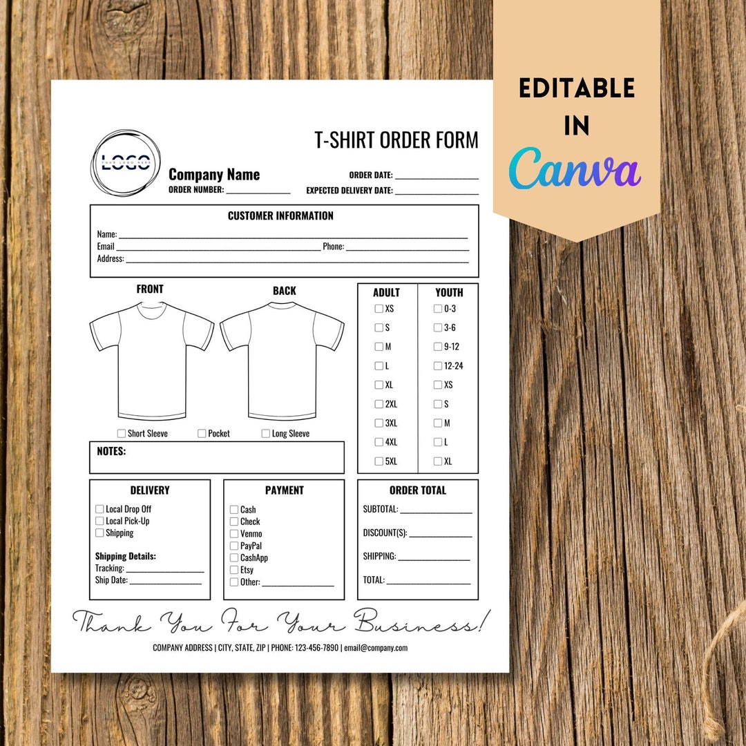 Editable T-shirt Order Form Template, Printable Small Business Order ...