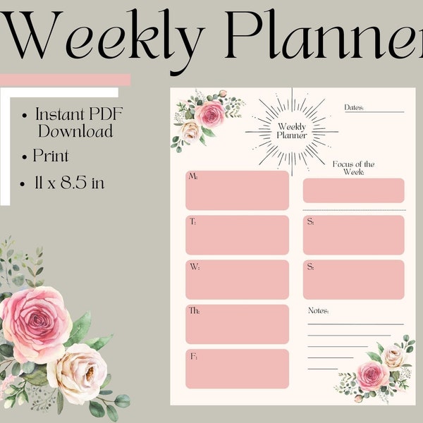 Weekly Planner Printout Template | Floral Stationary | Instant Download To Print | Organizational Tool to Manage Your Time