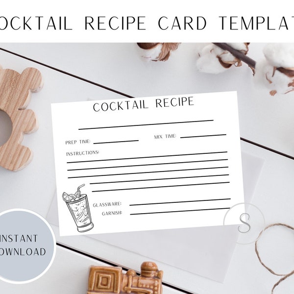 Cute Cocktail Recipe Card Printable Template, Instant Download, 4x6, 5x4, 5x7