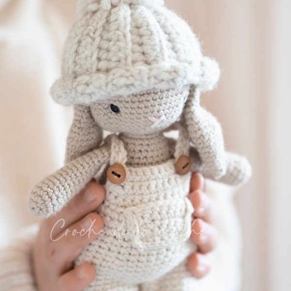 Crochet pattern Little Bunny Miley with a winter hat and dungarees and a little carrot | Amigurumi PDF pattern (EN)