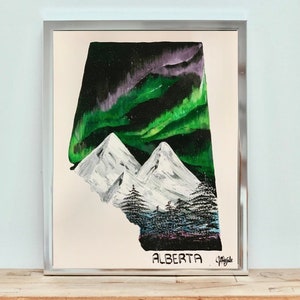 Pintura acrílica original con temática de auroras boreales de Alberta / Naturaleza de la aurora boreal / Paisaje canadiense /
