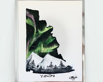 Yukon Map | Northern Lights Themed Acrylic Painting | Aurora Borealis | Original | Gift for Anyone | Nature | Canadian Landscape |