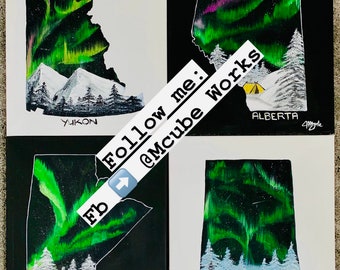 Customed Map Northern Lights Themed | Original Acrylic Painting | Aurora Borealis Nature | Canadian Landscape |