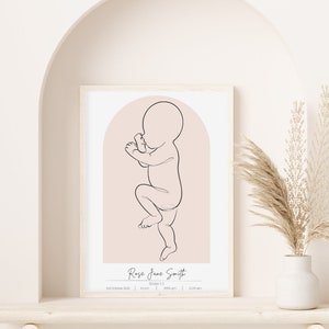 Benutzerdefinierte Geburtsposter im Maßstab 1:1, Neugeborene Baby zu skalieren, personalisierte Geburtsdetails, Baby Wandkunst, Linie Baby Skizze, Baby Druck, Baby Geschenk