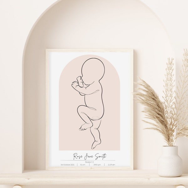 Custom Birth Poster Scaled 1:1, Newborn Baby to Scale, Personalised Birth Details, Baby Wall Art, Line Baby Sketch, Baby Print, Baby Gift