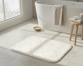 Minimalist Memory Foam Bath Mat, White Diamond Pattern Bathroom Rug, Non Slip Absorbent Shower Floor Mat, Modern Spa Home Decor, Cute Gift