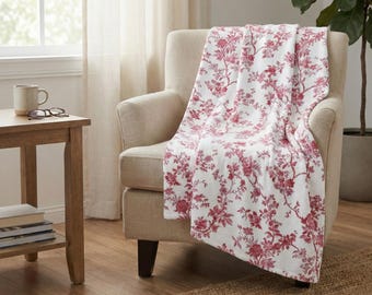 Pink Floral Velveteen Blanket, Cottagecore Botanical Throw
