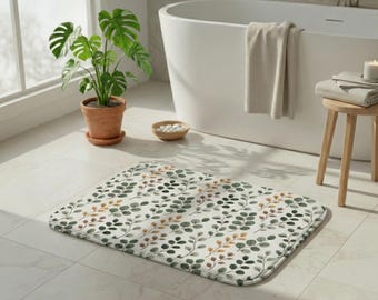 Eucalyptus Bath Mat, Sage Green Botanical Memory Foam Bathroom Rug