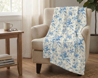 Blå Chinoiserie-sammetsfilt, Grandmillennial blomsterdekor