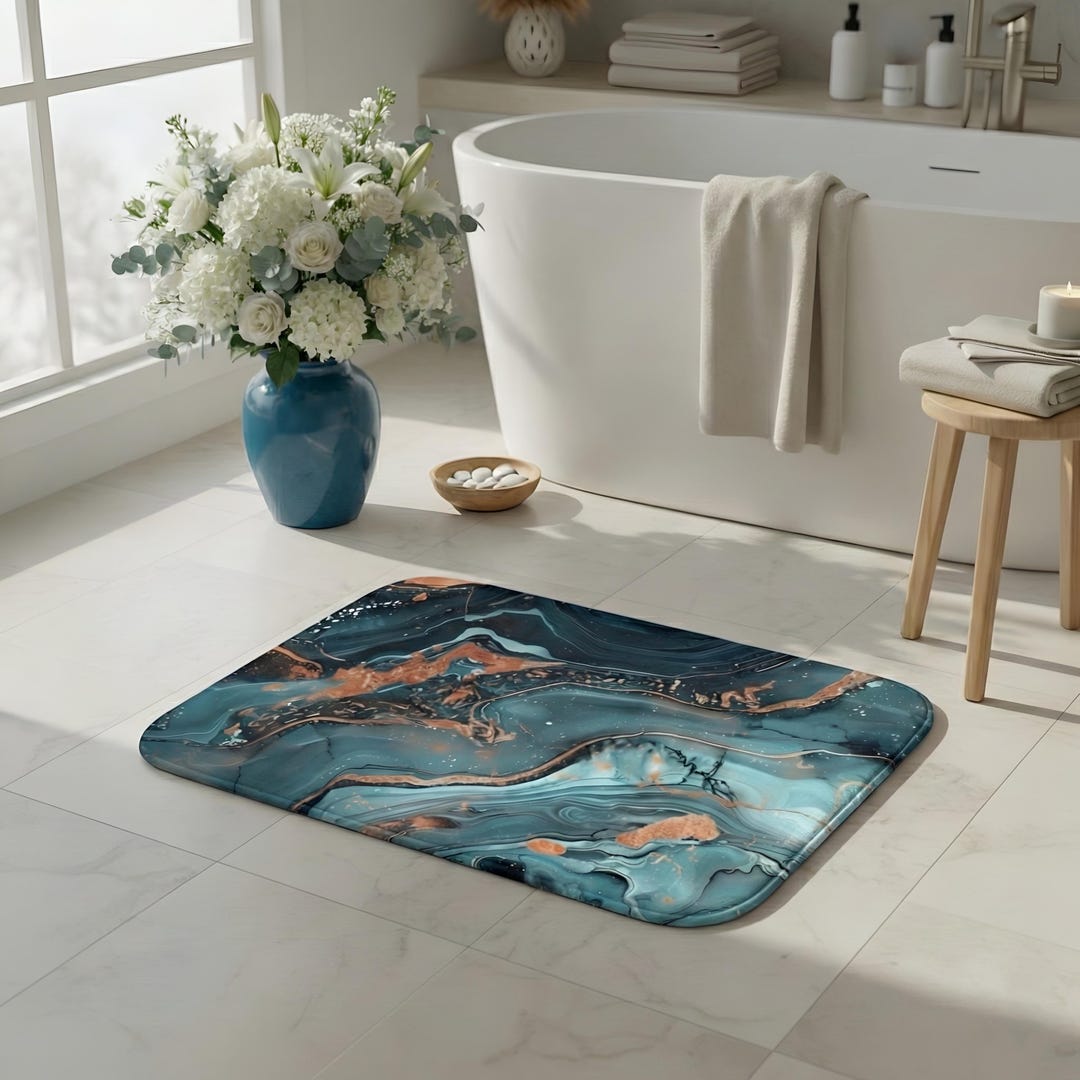 Teal Memory Teal Marble Memory Foam Bath Mat, Non-slip Abstract Bathroom Rug - Etsy