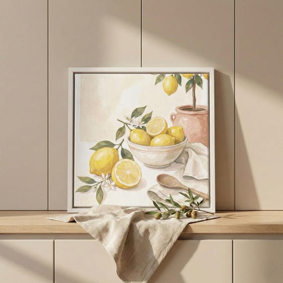 Lemon Still Life Canvas Art, Farmhouse Kitchen Decor, Framed Print