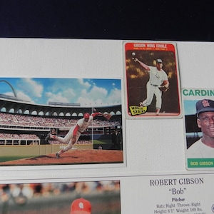 Bob Gibson, Hall of Fame Card en prachtige Art Card en Baseball Cards. 17 K's in een WS-spel?