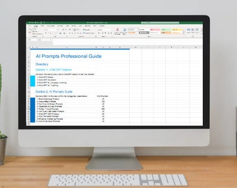 May include: A computer monitor displaying a spreadsheet with the title "AI Prompts Professional Guide". The spreadsheet contains a directory of AI prompts, organized into sections. The spreadsheet is open in Microsoft Excel.