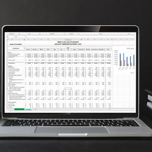 May include: A laptop computer displaying a spreadsheet with a bar graph showing 2023 sales data. The spreadsheet includes columns for each month of the year and rows for different categories of income and expenses. The spreadsheet is titled "Profit and Loss Statement - Budget Version (December 31, 2023)".