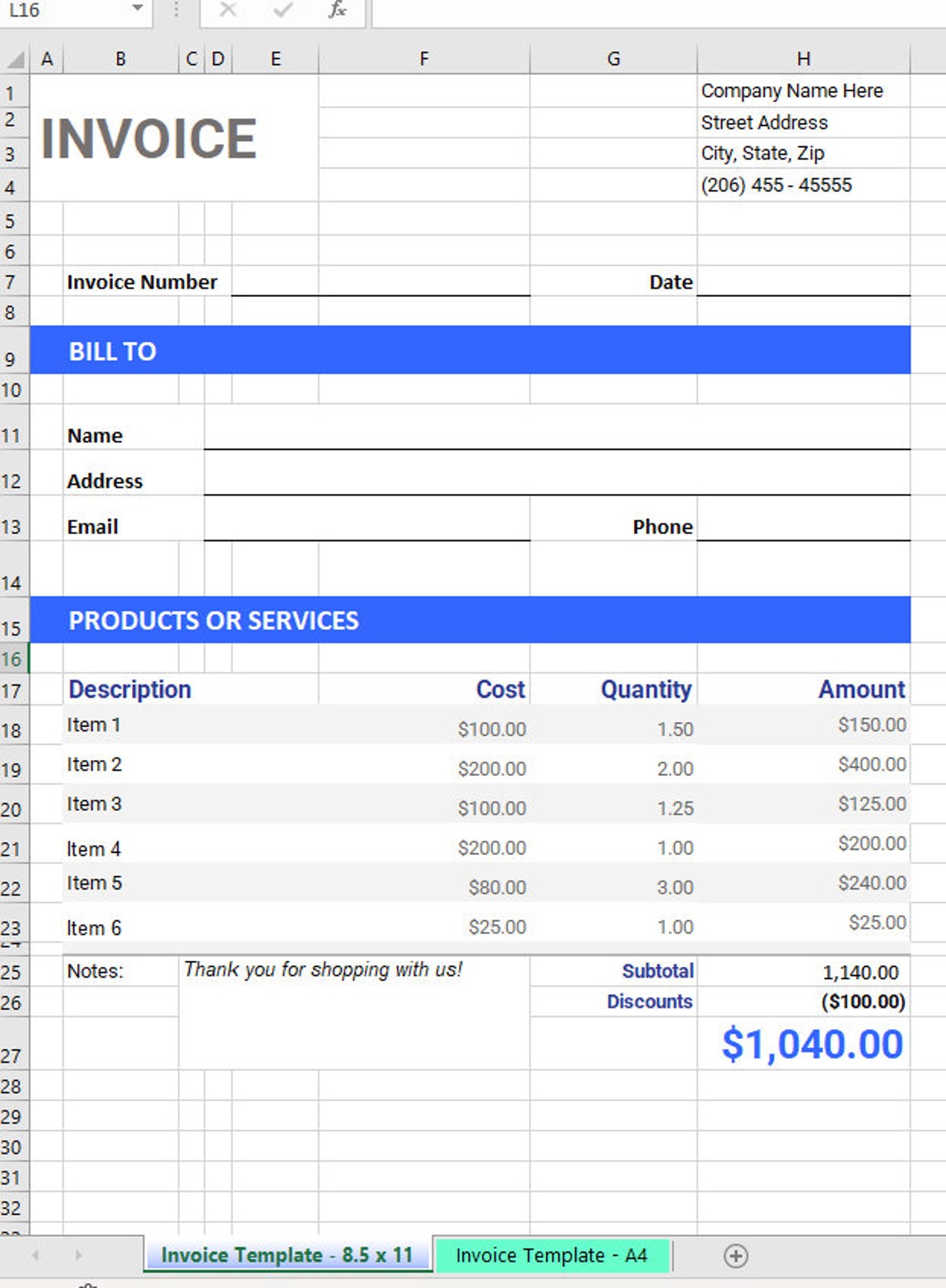 Printable Invoice Template - Excel/pdf - Etsy