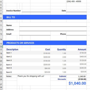 Printable Invoice Template - Excel/pdf - Etsy