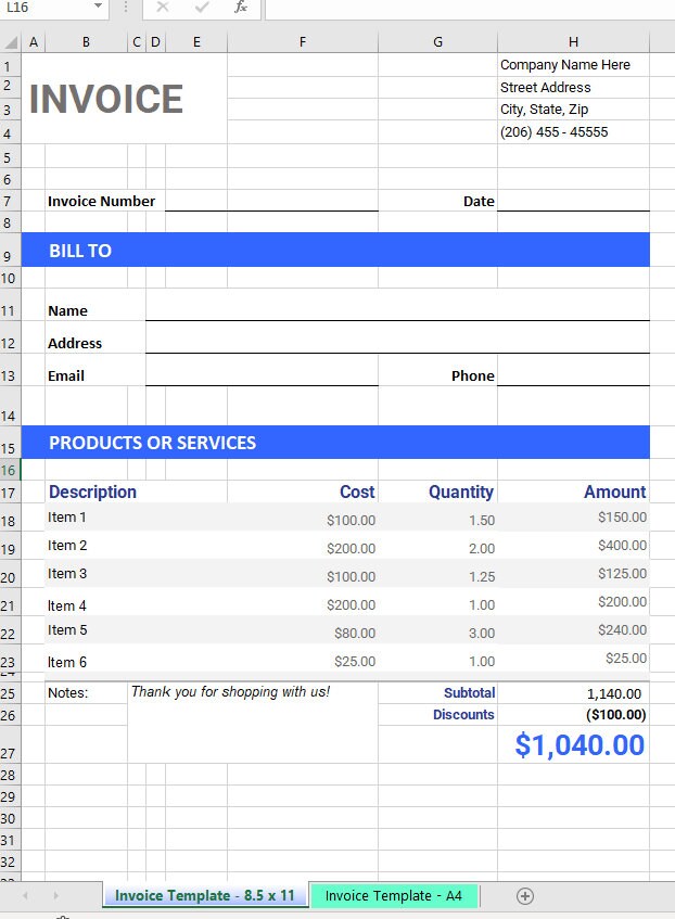 Printable Invoice Template - Excel/pdf - Etsy