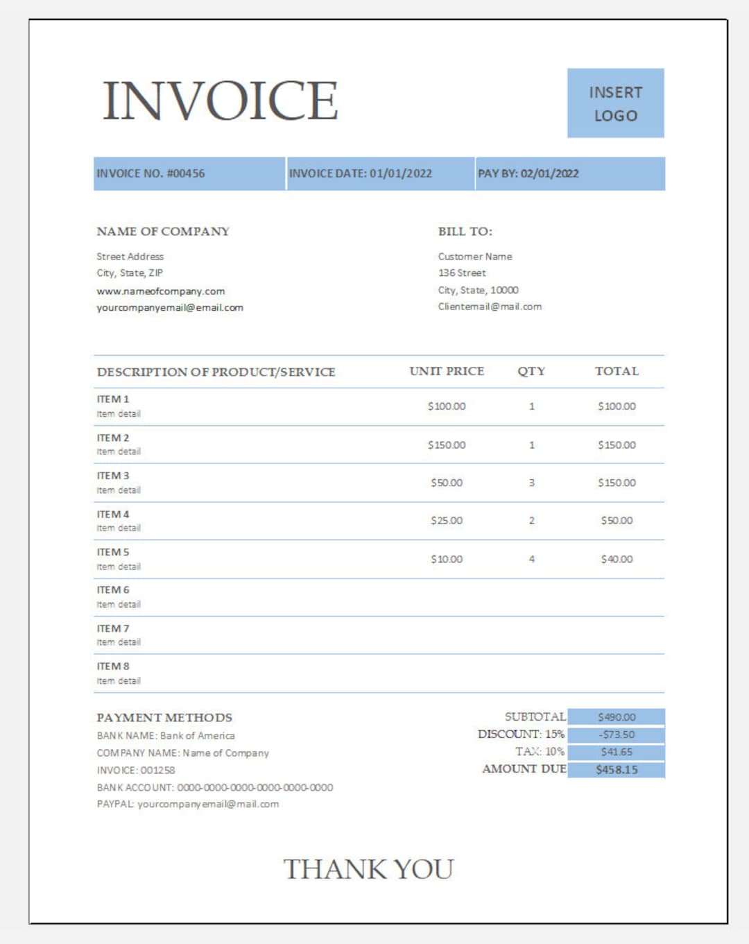 Printable Invoice Template - Excel/pdf - Etsy