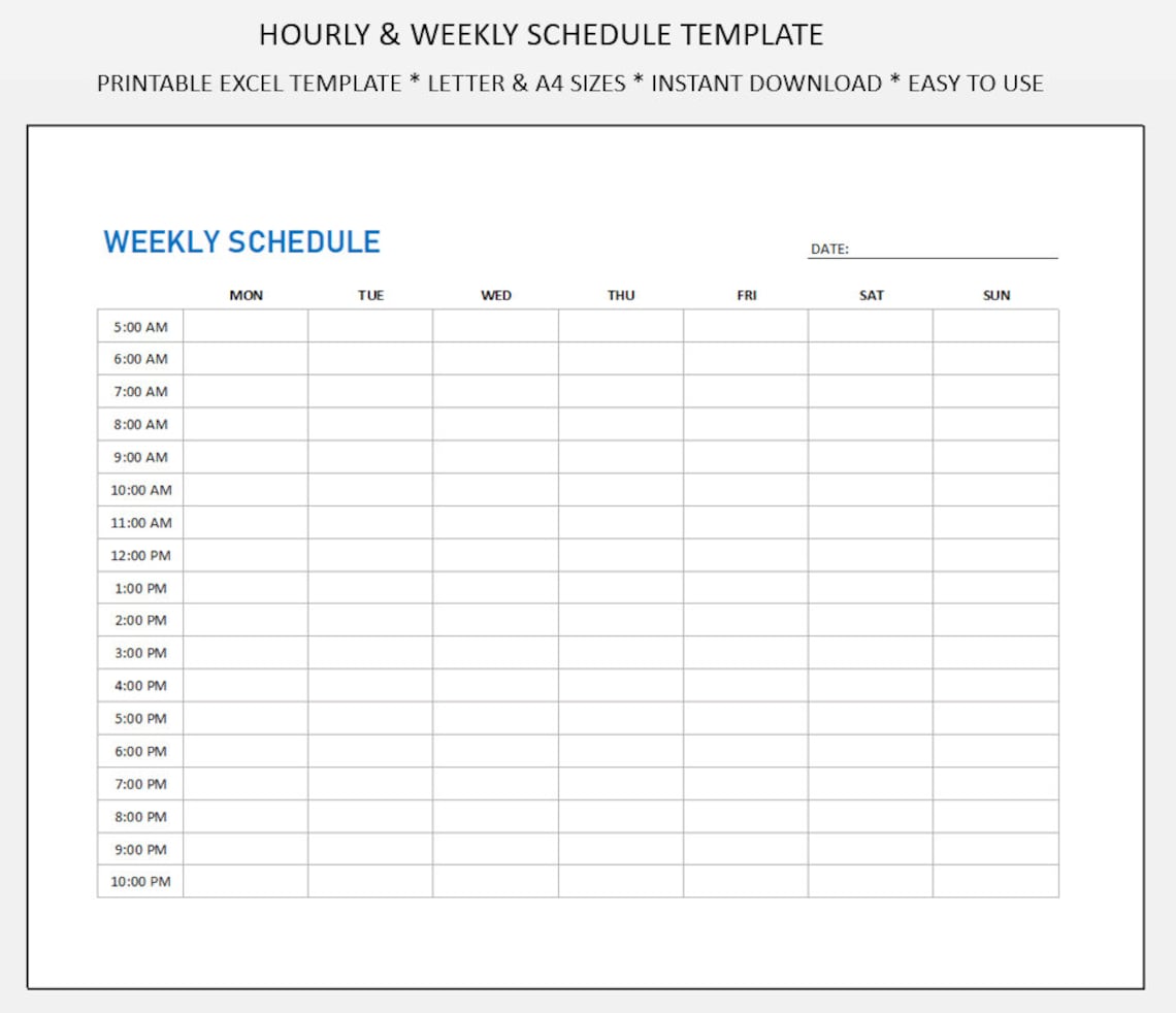 Hourly Weekly Schedule Template - Excel - Etsy