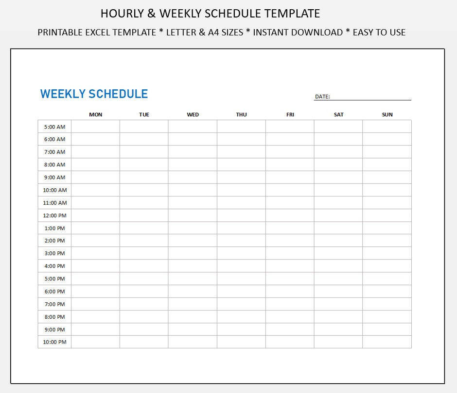 Hourly Weekly Schedule Template - Excel - Etsy