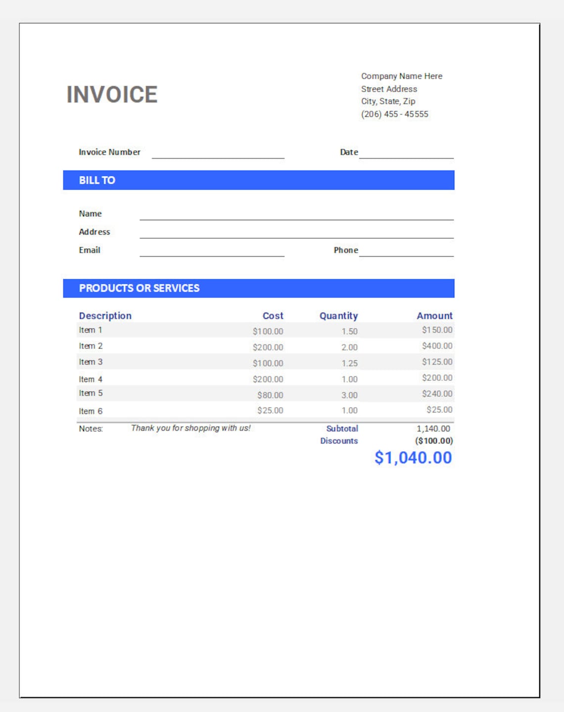 Printable Invoice Template - Excel/pdf - Etsy