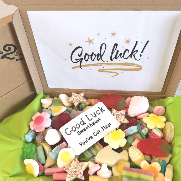 Good Luck Exams sweets Hamper Gift for GCSE A Level Exams Revision Good Luck Card New Job.