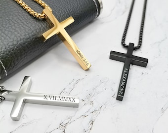 Personalized Cross Necklace Men Custom Engraved Mens Jewelry Cross Pendant Necklace  Baptism Christian Bible Verse Gifts for Him