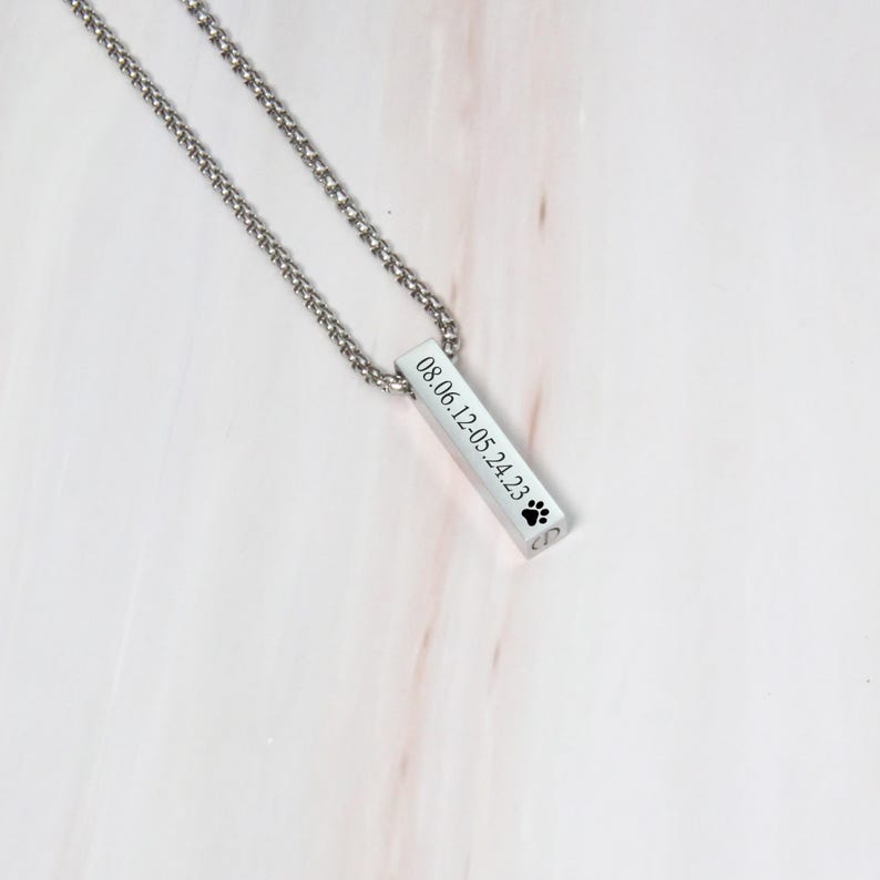 May include: Silver chain necklace with a silver bar pendant engraved with the date "08.06.12-05.24.23" and a paw print.