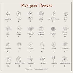 May include: A beige print featuring a selection of floral illustrations, each labeled with a flower name and a corresponding number or letter. The text "Pick your flowers" is at the top, with the ADE Personalized logo at the bottom.