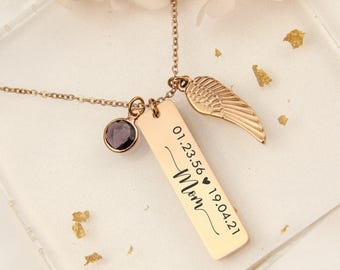 Personalized Memorial Jewelry Monogram Engraved Necklaces Birthstone Pendant Bereavement Gift Loss of a Loved One Wing Necklace Unique Gift