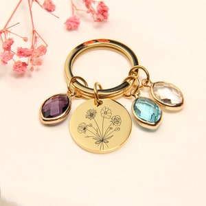 Combined Birth Flower Keychain, Personalized Mothers Gift, Personalized Birthstone Keychain for women, Custom Keychain, Engraved Keychain