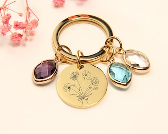 Combined Birth Flower Keychain, Personalized Mothers Gift, Personalized Birthstone Keychain for women, Custom Keychain, Engraved Keychain