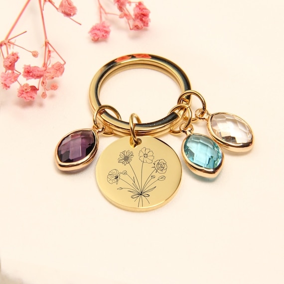 Combined Birth Flower Keychain, Personalized Mothers Gift, Personalized Birthstone Keychain for women, Custom Keychain, Engraved Keychain