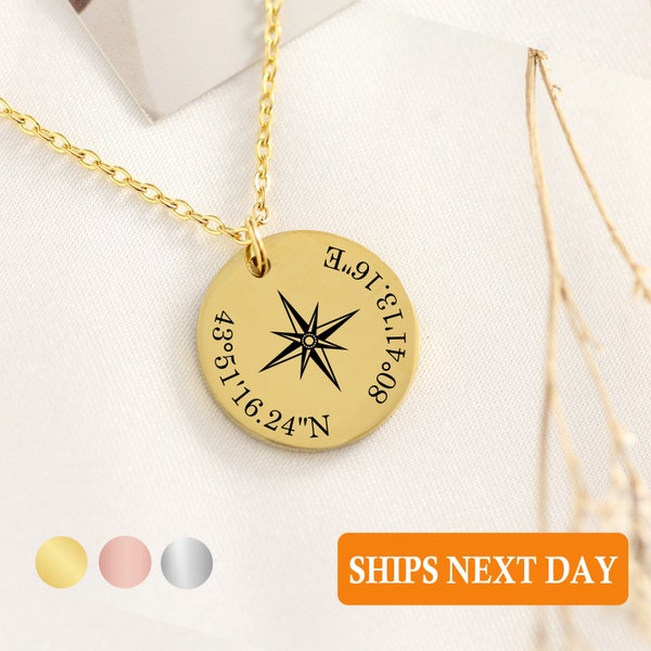 Custom Coordinate Necklace Compass Necklace Long Distance Gift GPS Coordinates Custom Coordinates Travel Necklace Graduation Gift