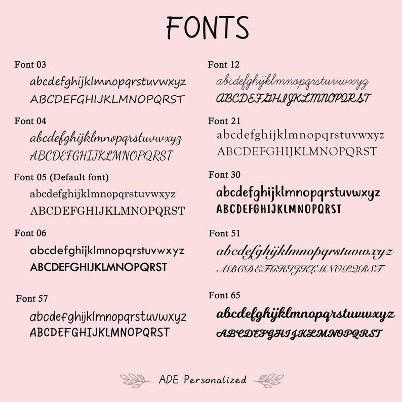 May include: A chart showing different font styles with the text "abcdefghijklmnopqrstuvwxyz" and "ABCDEFGHIJKLMNOPQRST" in each style. The chart is titled "FONTS".