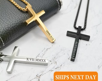 Personalized Cross Necklace Men Custom Engraved Mens Jewelry Cross Pendant Necklace  Baptism Christian Bible Verse Gifts for Him