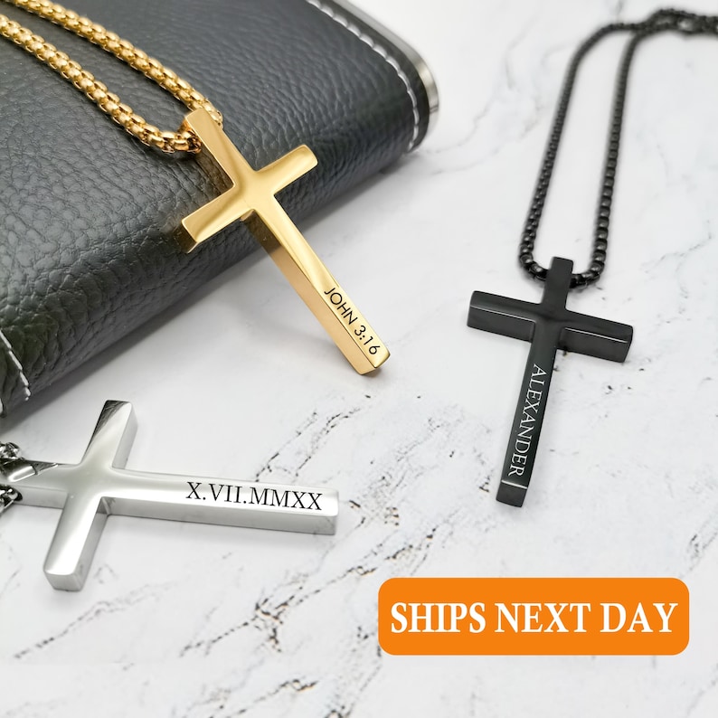 Personalized Cross Necklace Men Custom Engraved Mens Jewelry Cross Pendant Necklace Baptism Christian Bible Verse Gifts for Him image 1