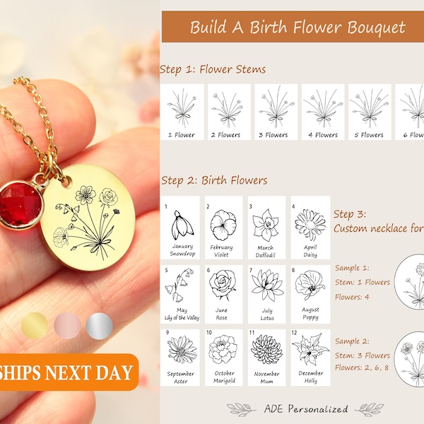 Collier bouquet de fleurs de naissance combiné personnalisé, collier de fleurs de naissance de famille, fleur gravée mois de naissance, cadeau jardin grand-mère, cadeau pour maman