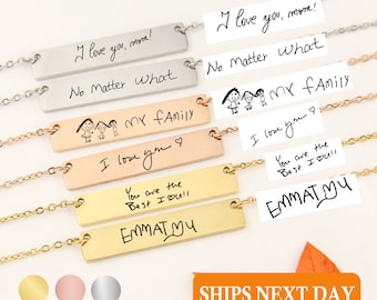 Custom Handwriting Necklace Handmade Jewelry Actual Handwriting Personalize Engraved Gift for Mom Handmade Kids Drawing Jewelry