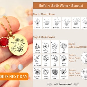 Collier bouquet de fleurs de naissance combiné personnalisé, collier de fleurs de naissance de famille, fleur gravée mois de naissance, cadeau jardin de grand-mère image 1