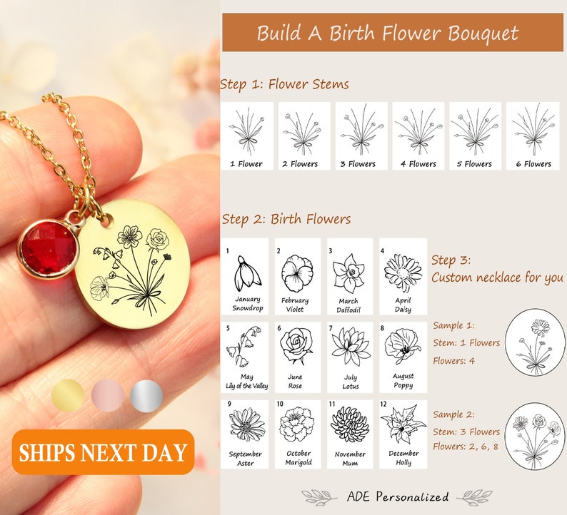 Personalized Combined Birth Flower Bouquet Necklace, Family Birth Flower Necklace, Birth Month Engraved Flower, Grandma Garden Gift image 1