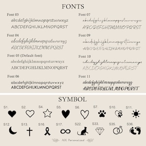 May include: A beige graphic with font samples and symbols. The word "FONTS" is at the top. Eleven font styles are displayed with lowercase and uppercase alphabets. Below, various symbols are shown, including hearts, stars, and infinity symbols.