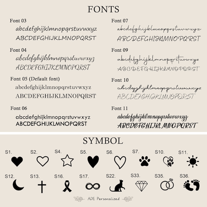 May include: A beige graphic with font samples and symbols. The word "FONTS" is at the top. Eleven font styles are displayed with lowercase and uppercase alphabets. Below, various symbols are shown, including hearts, stars, and infinity symbols.