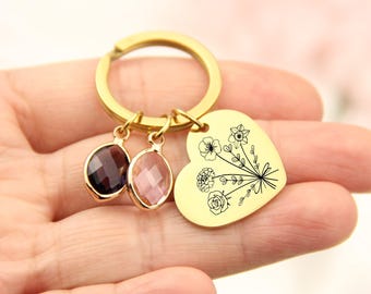 Combined Birth Flower Heart Keychain, Gifts for Mom, Personalized Birthstone Keychain for Grandma, Custom Keychain, Engraved Keychain