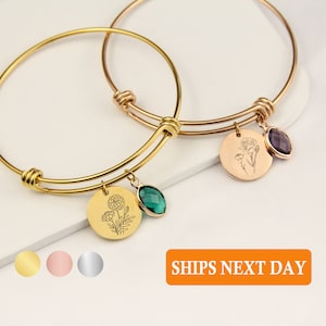 Custom Birth Month Flower Bracelet Personalized Birthstone Bracelet Birthflower Bangle Birth Flower Charm Handmade Jewelry Gift For Mom