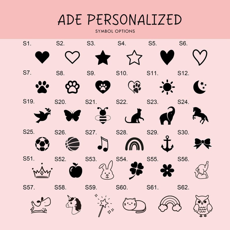 May include: A chart of 62 different symbols, including hearts, stars, animals, and other icons. The symbols are labeled with numbers from S1 to S62.