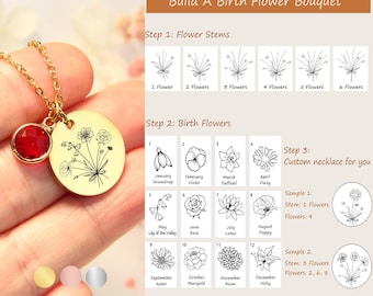 Personalized Combined Birth Flower Bouquet Necklace, Family Birth Flower Necklace, Birth Month Engraved Flower, Grandma Garden Gift